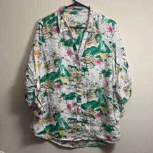 Cynthia Rowley 100% Linen Shirt with Green and Brown Accents